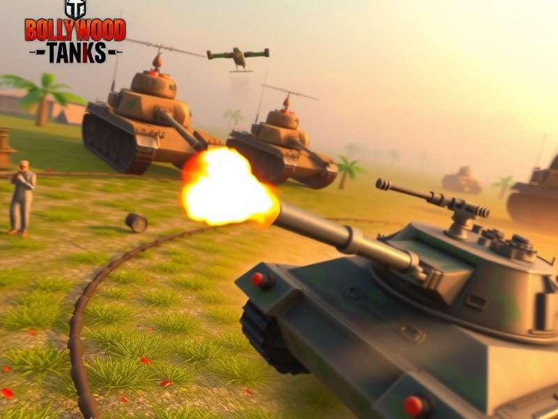 Bollywood Tanks gameplay screenshot showing tank battle in Indian landscape